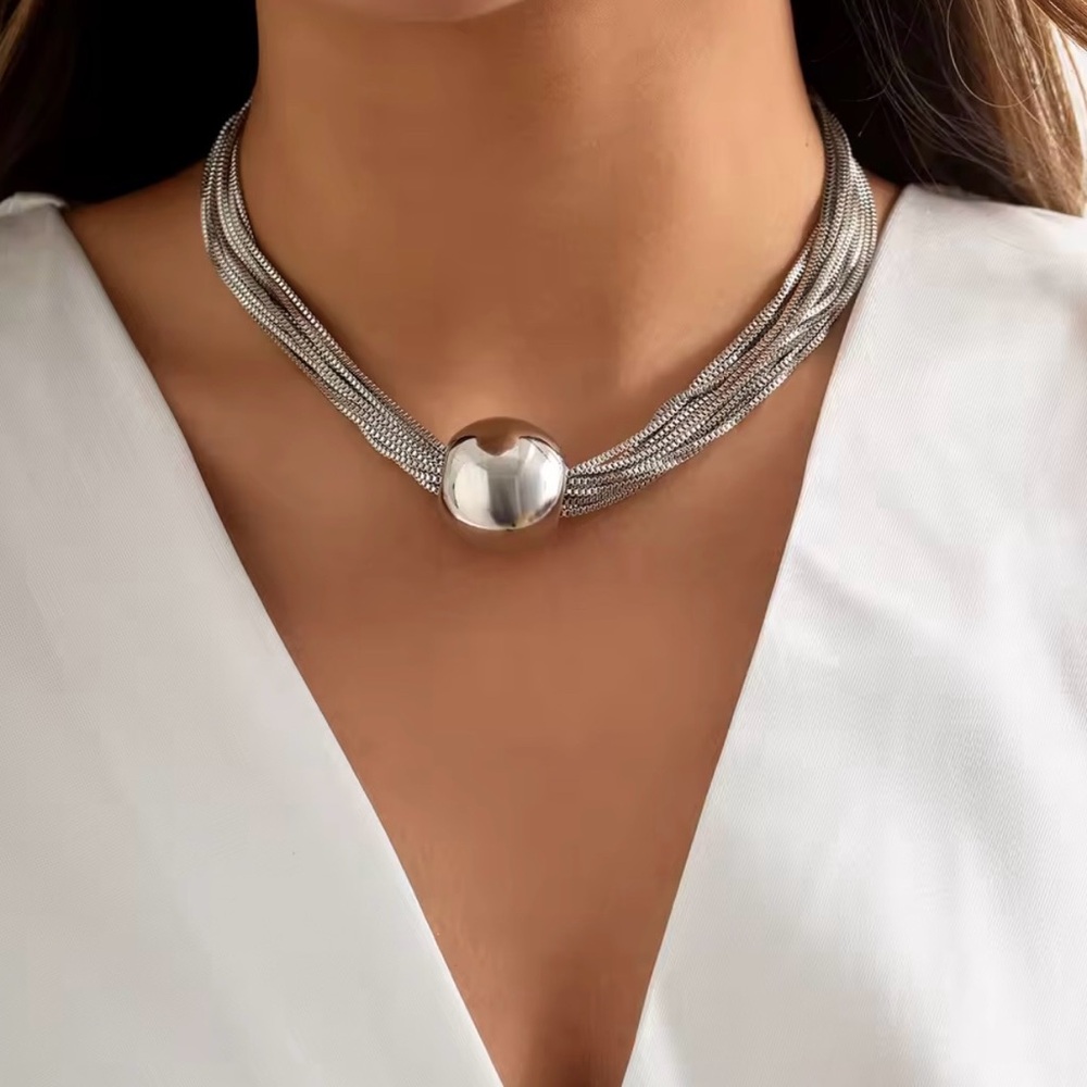 NEW SILVER STATEMENT MULTISTRAND SNAKE CHAIN NECKLACE BALL SPHERE CHOKER PENDANT - Picture 4 of 4
